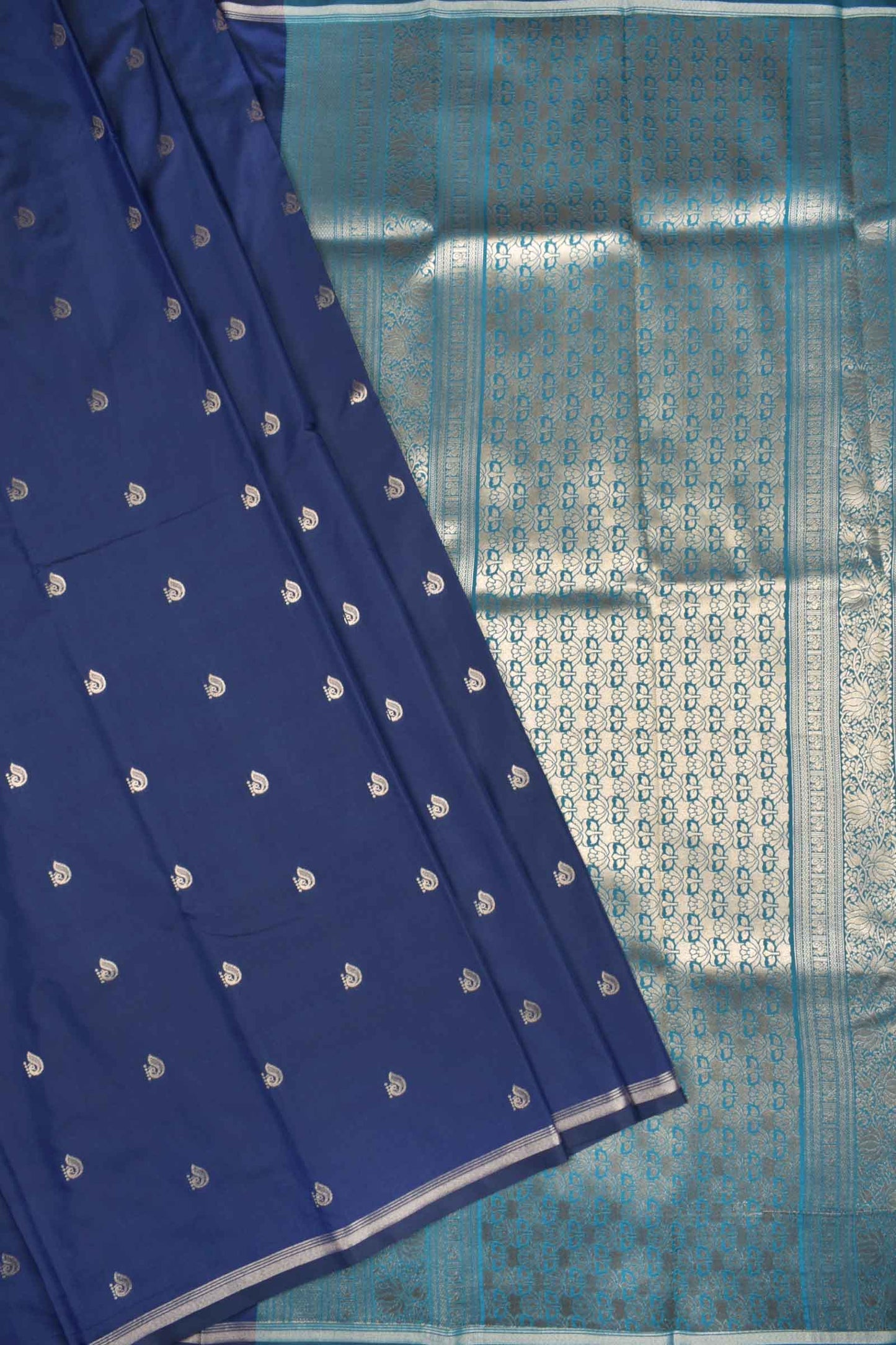 Denim Blue Body Mango Butta Contrast Pallu Semi Soft Silk Saree