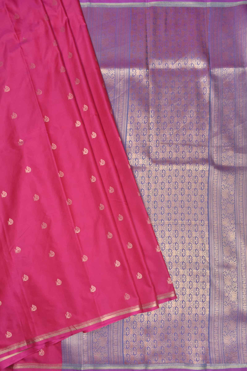 Hot Pink Semi Soft Silk Mini Peacock Butta Contrast Pallu Saree