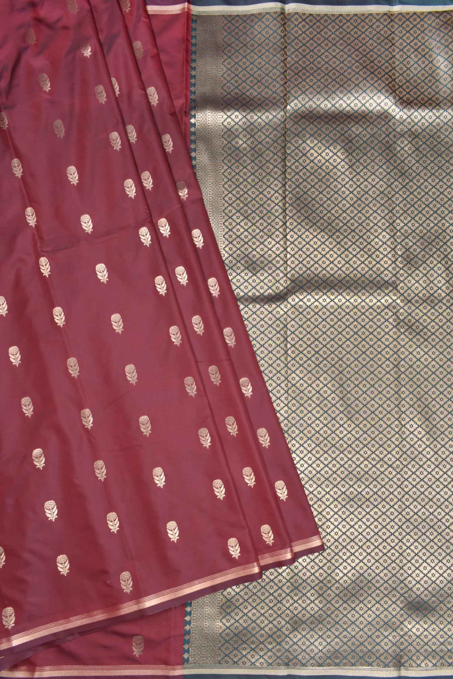 Dark Maroon Body Rose Butta Contrast Pallu Semi Soft Silk Saree