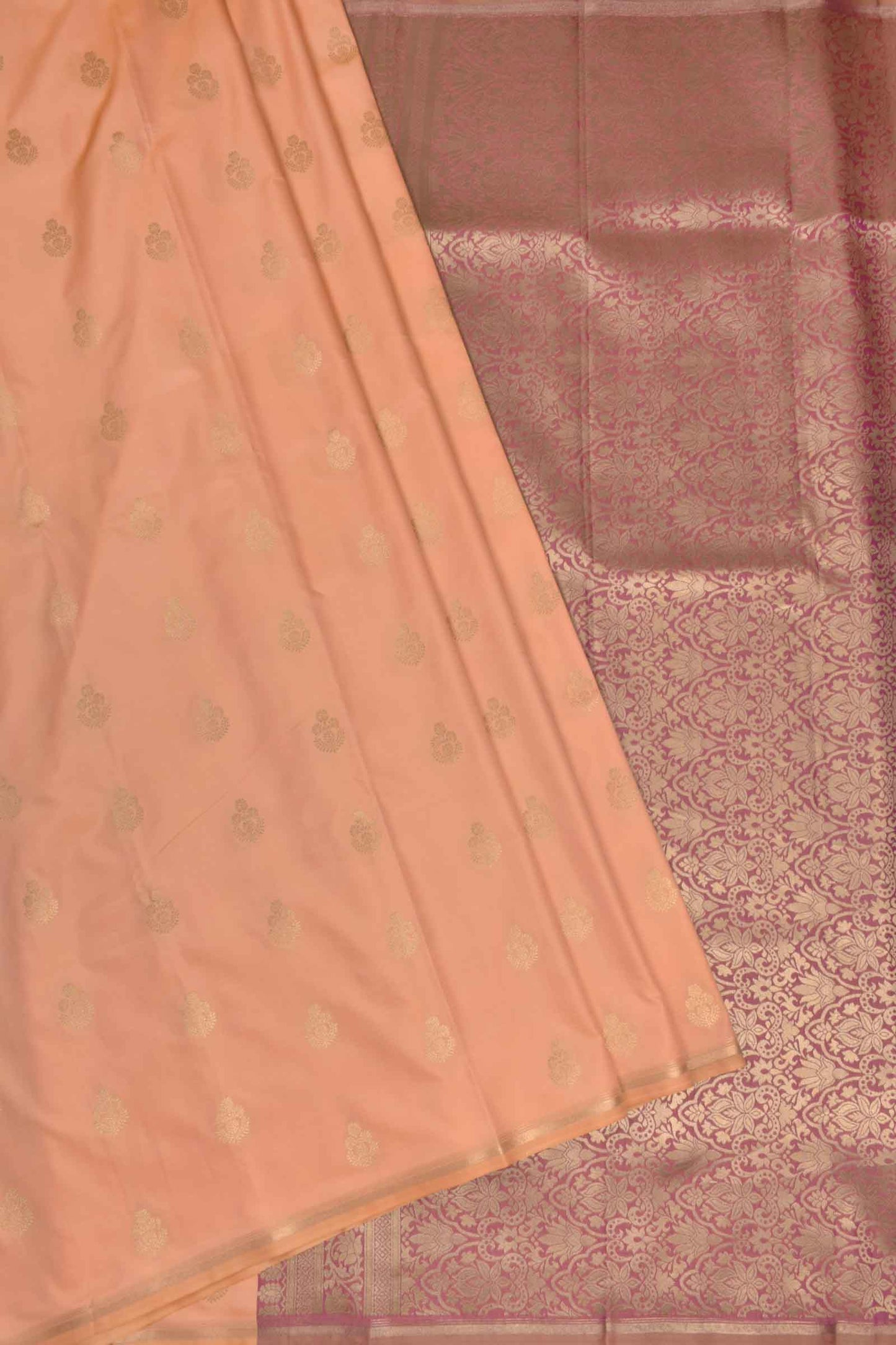 Peach Semi Soft Silk Traditional Butta Pencil Border Contrast Blouse Saree