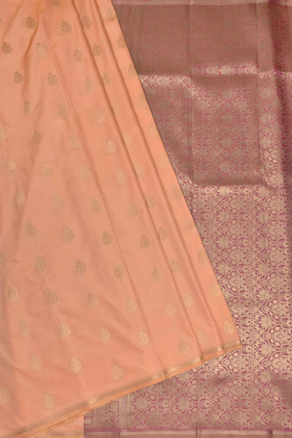 Peach Semi Soft Silk Traditional Butta Pencil Border Contrast Blouse Saree