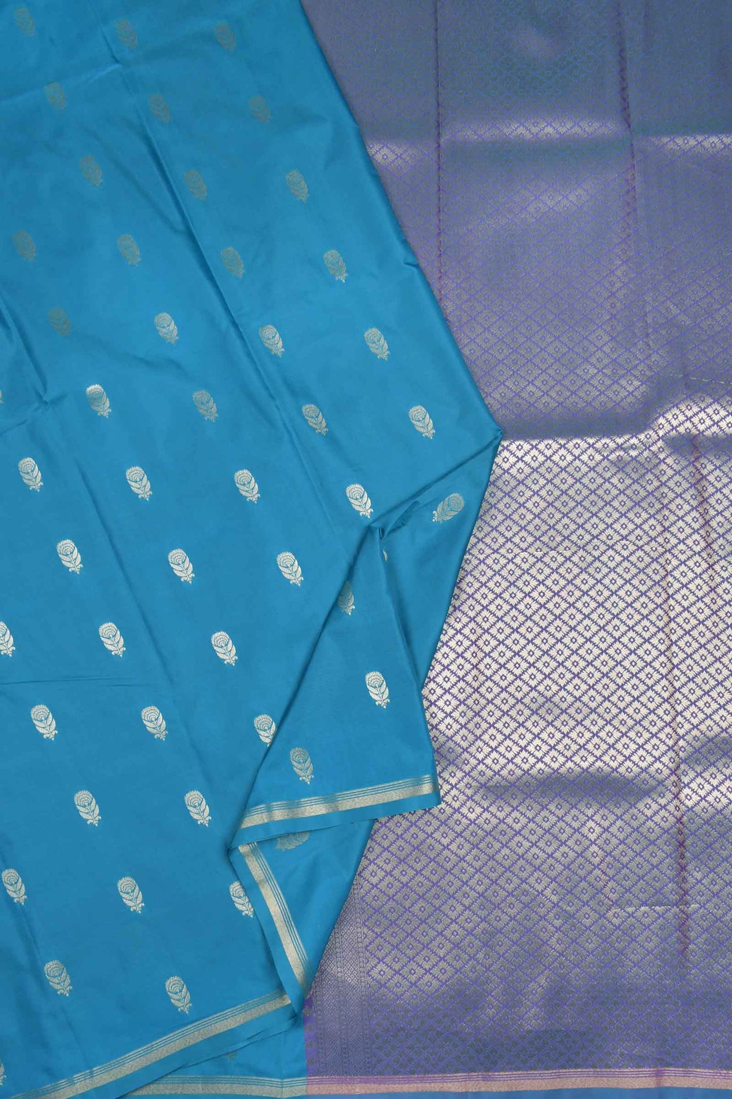 Blue Body Rose Butta Contrast Pallu Semi Soft Silk Saree