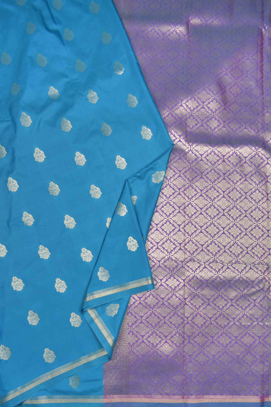 Blue Body Fancy Butta Contrast Pallu Semi Soft Silk Saree