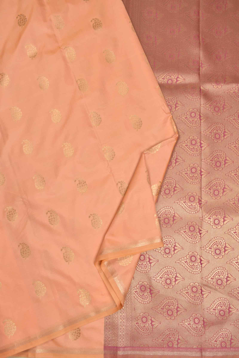 Peach Semi Soft Silk Paisely Butta Pencil Border Contrast Blouse Saree