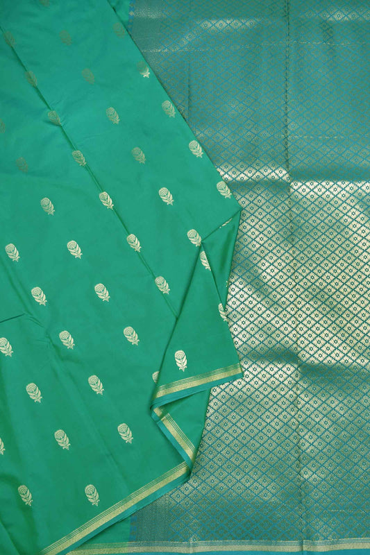 Turquoise Green Body Rose Butta Contrast Pallu Semi Soft Silk Saree