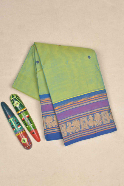 Light Green Chettinad Pure Cotton Contrast Annam Border Annam Pallu Saree