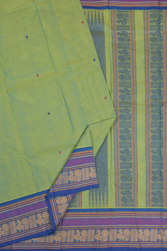 Light Green Chettinad Pure Cotton Contrast Annam Border Annam Pallu Saree