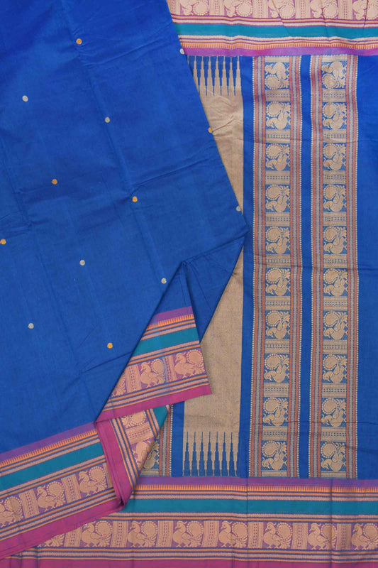 Blue Chettinad Pure Cotton Green Annam Border and Pallu Saree