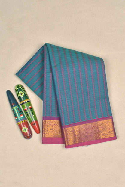 Blue Chettinad Pure Cotton Vari Butta Golden Border and Pallu Saree