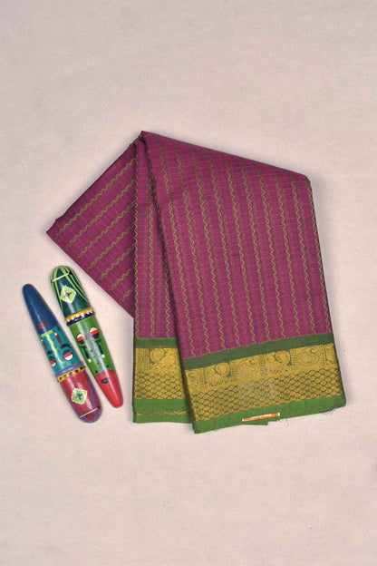 Pink Chettinad Pure Cotton Vari Butta Green Border Zari Pallu Saree