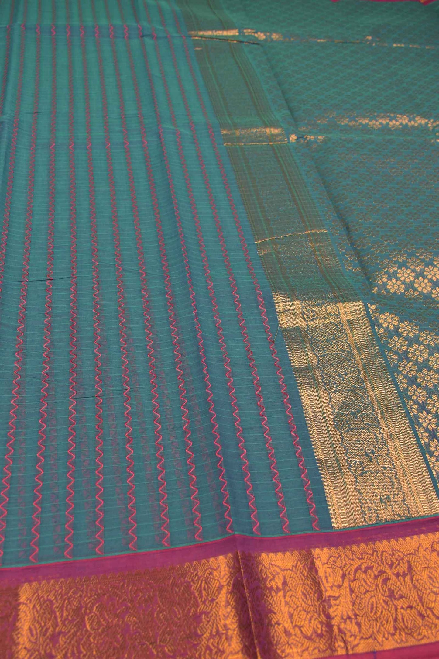 Blue Chettinad Pure Cotton Vari Butta Golden Border and Pallu Saree