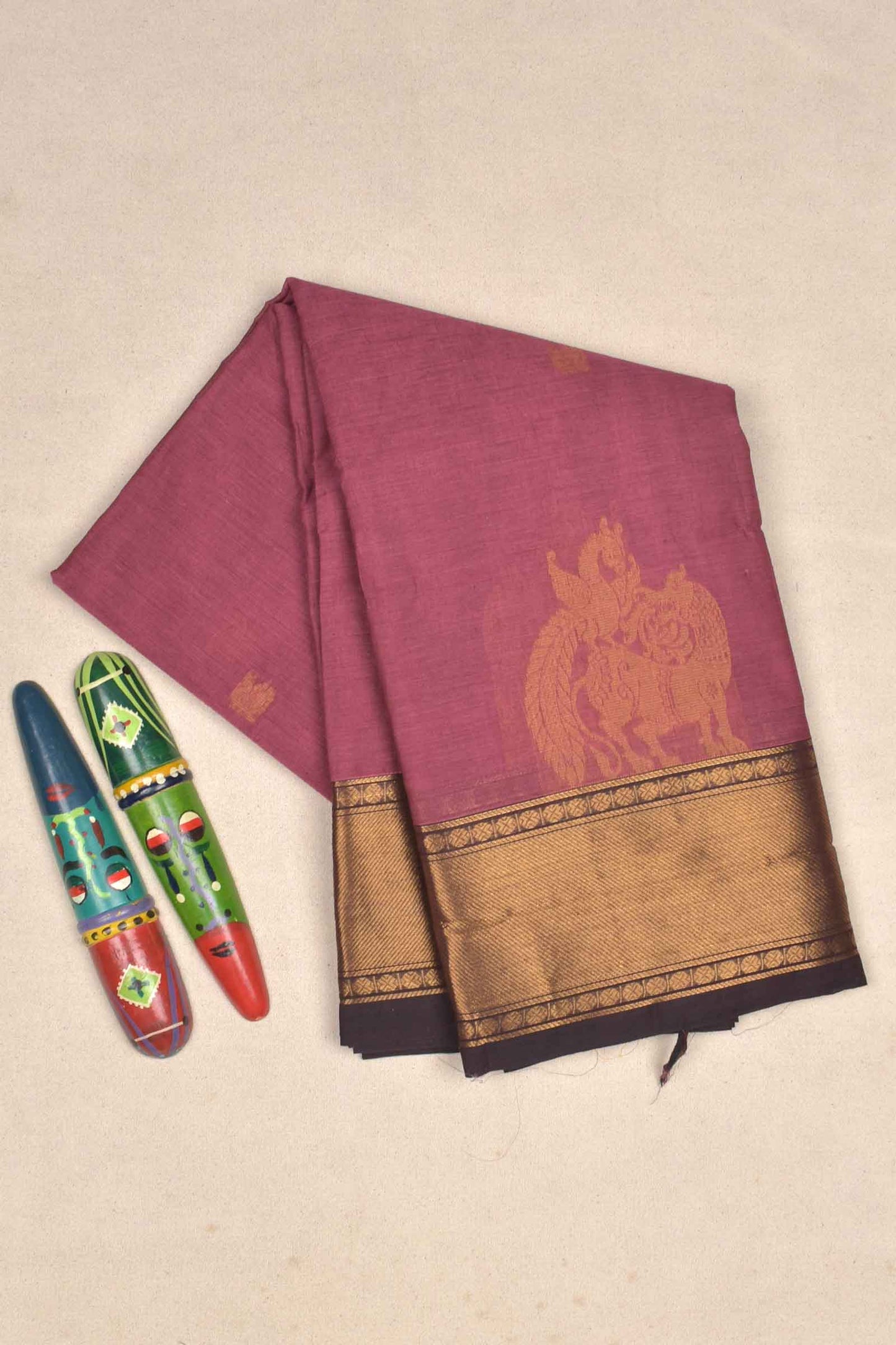 Purple Chettinad Pure Cotton Yazhi Butta Zari Border Peacock Pallu Saree