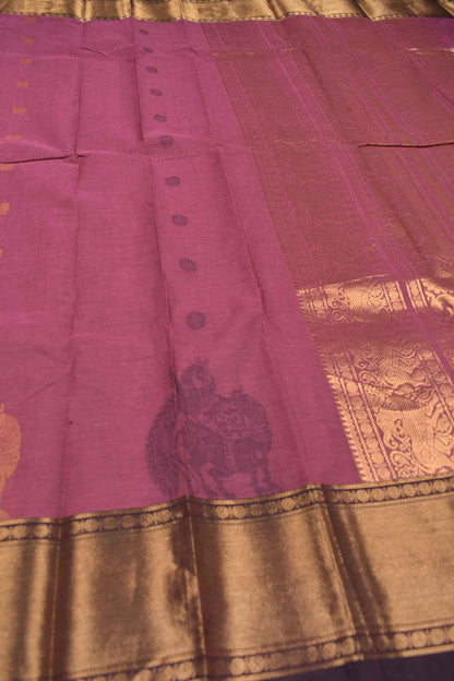 Purple Chettinad Pure Cotton Yazhi Butta Zari Border Peacock Pallu Saree