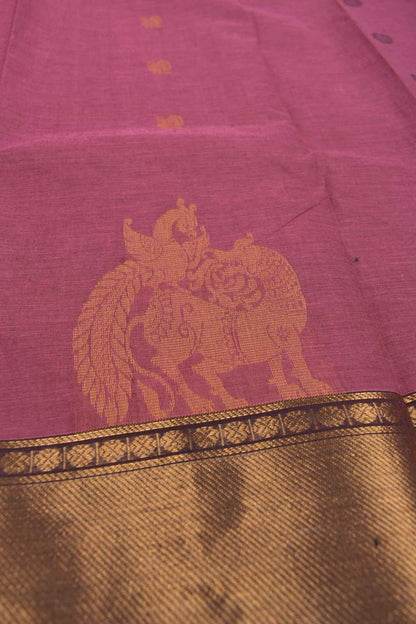 Purple Chettinad Pure Cotton Yazhi Butta Zari Border Peacock Pallu Saree