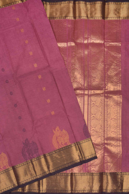 Purple Chettinad Pure Cotton Yazhi Butta Zari Border Peacock Pallu Saree