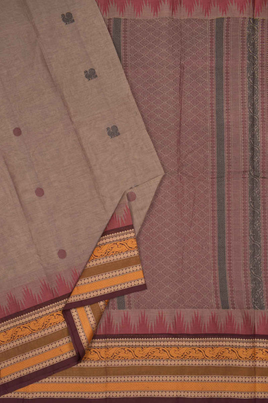 Light Brown Chettinad Pure Cotton Annam Butta Thread Border Saree