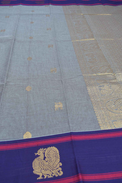 Light Blue Grey Chettinad Pure Cotton Annam Border Rich Mango Pallu Saree