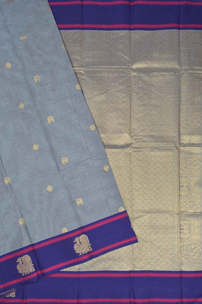 Light Blue Grey Chettinad Pure Cotton Annam Border Rich Mango Pallu Saree