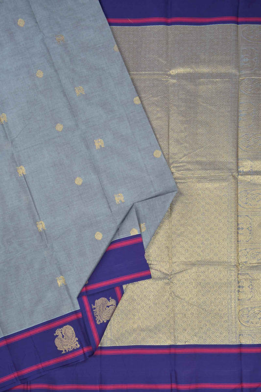 Light Blue Grey Chettinad Pure Cotton Annam Border Rich Mango Pallu Saree