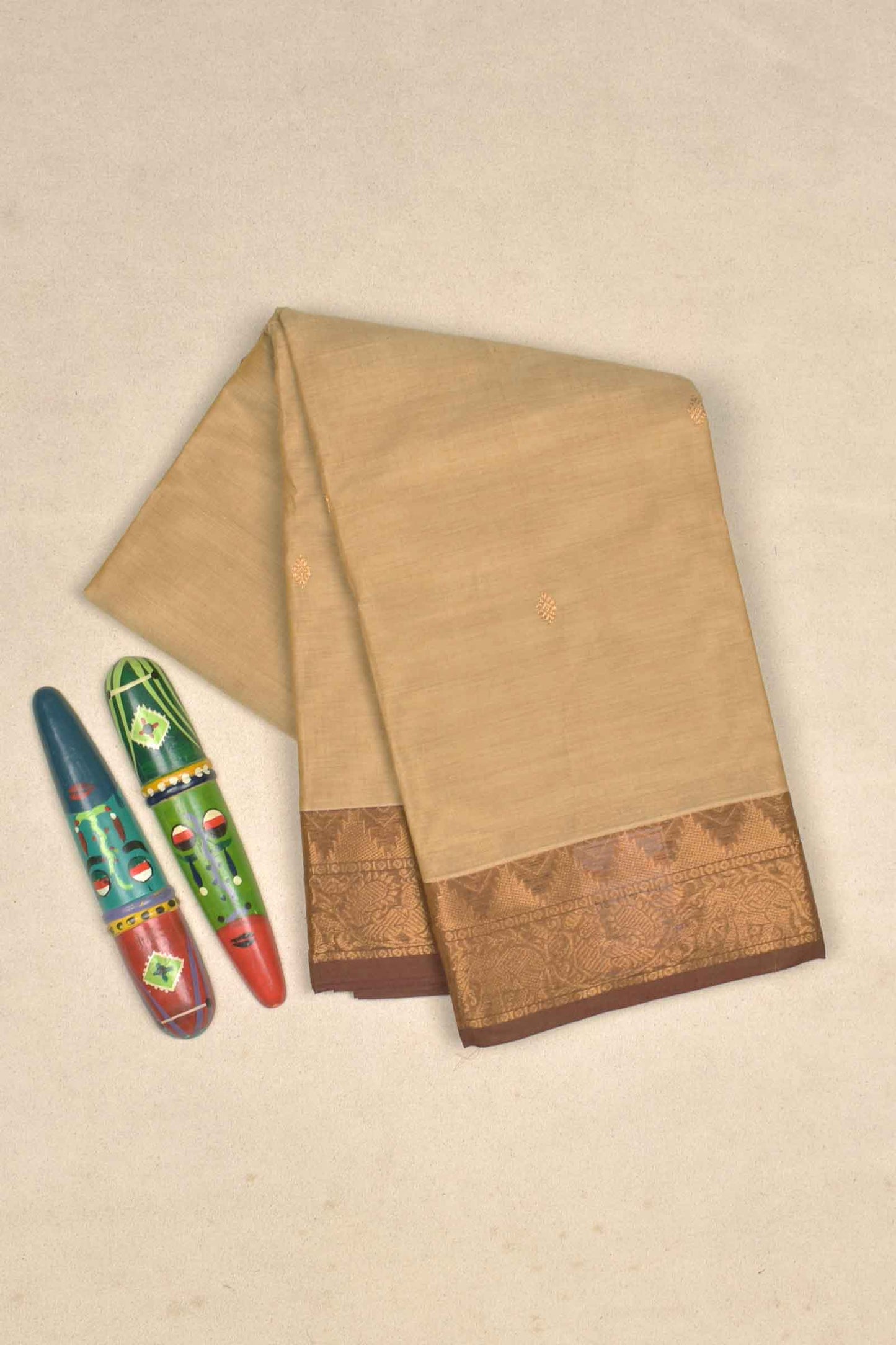 Light Sandal Chettinad Pure Cotton Golden Border Yazhi Pallu Saree