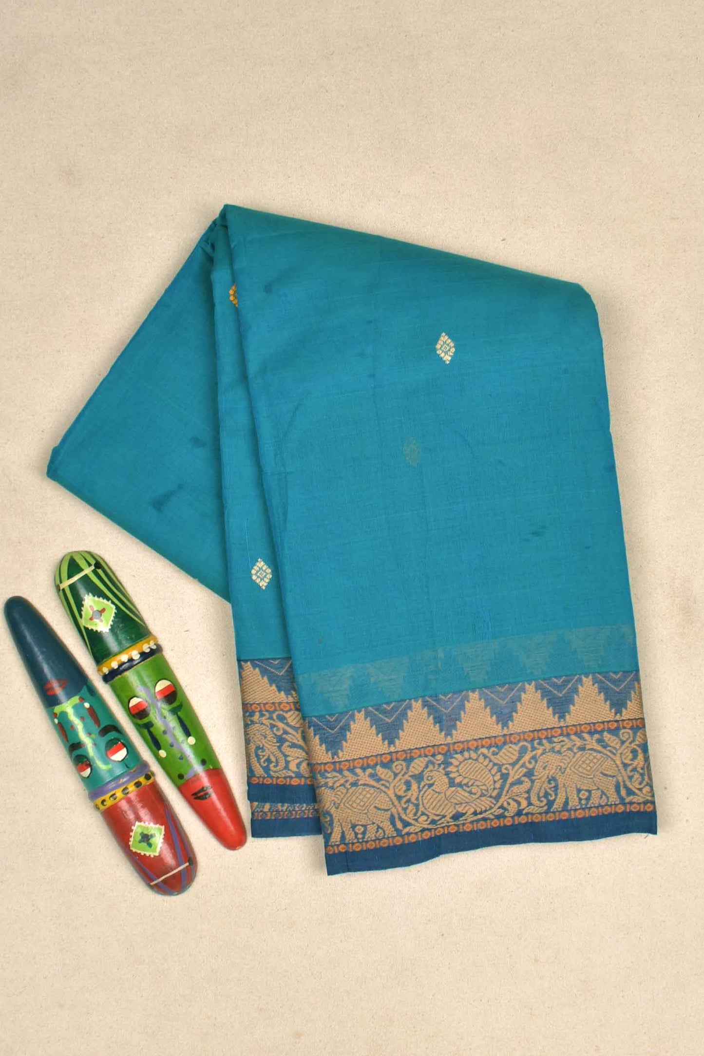 Blue Chettinad Pure Cotton Mini Butta Yazhi Pallu Saree