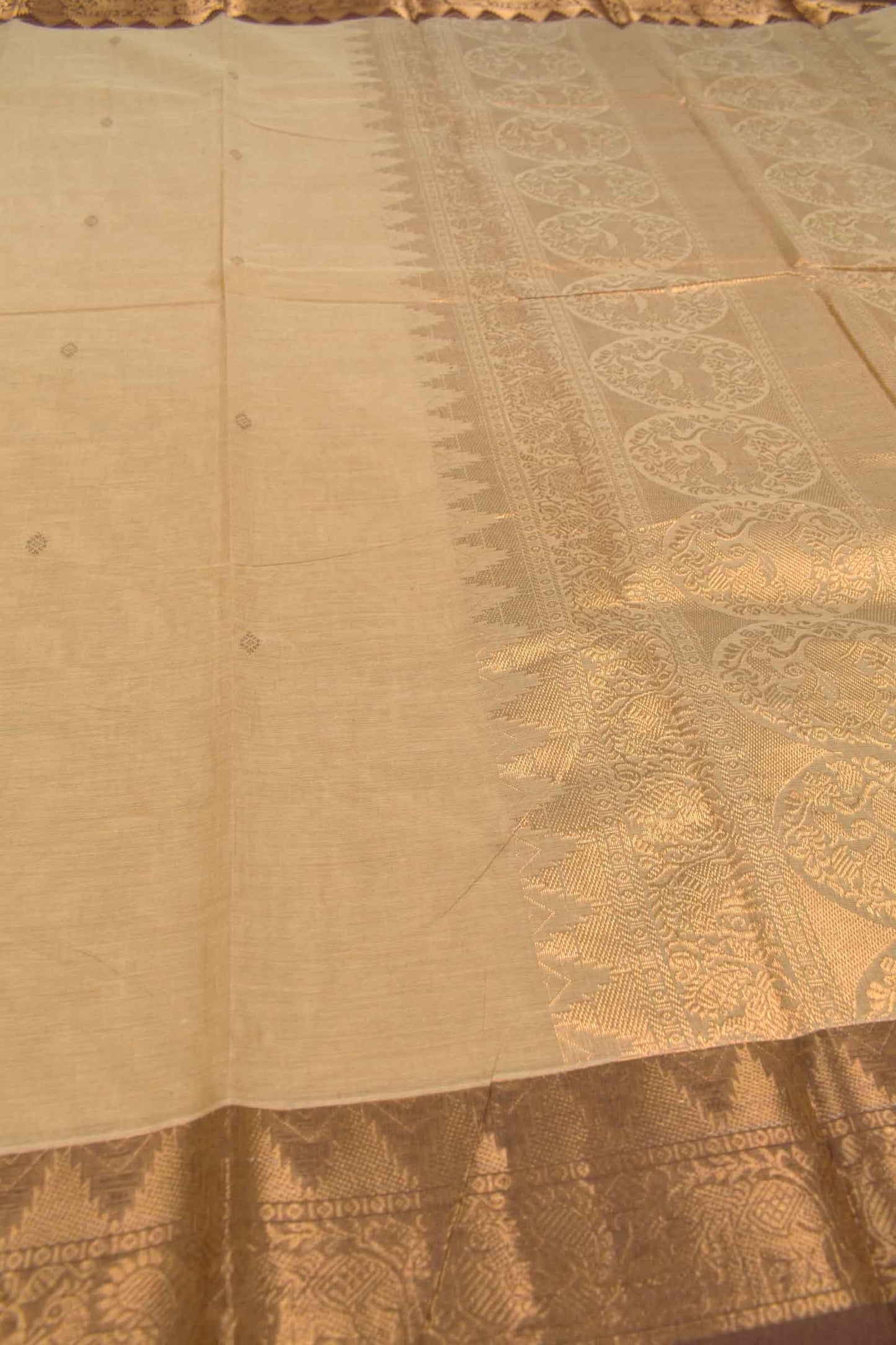 Light Sandal Chettinad Pure Cotton Golden Border Yazhi Pallu Saree