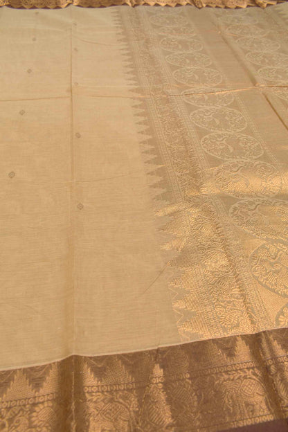 Light Sandal Chettinad Pure Cotton Golden Border Yazhi Pallu Saree