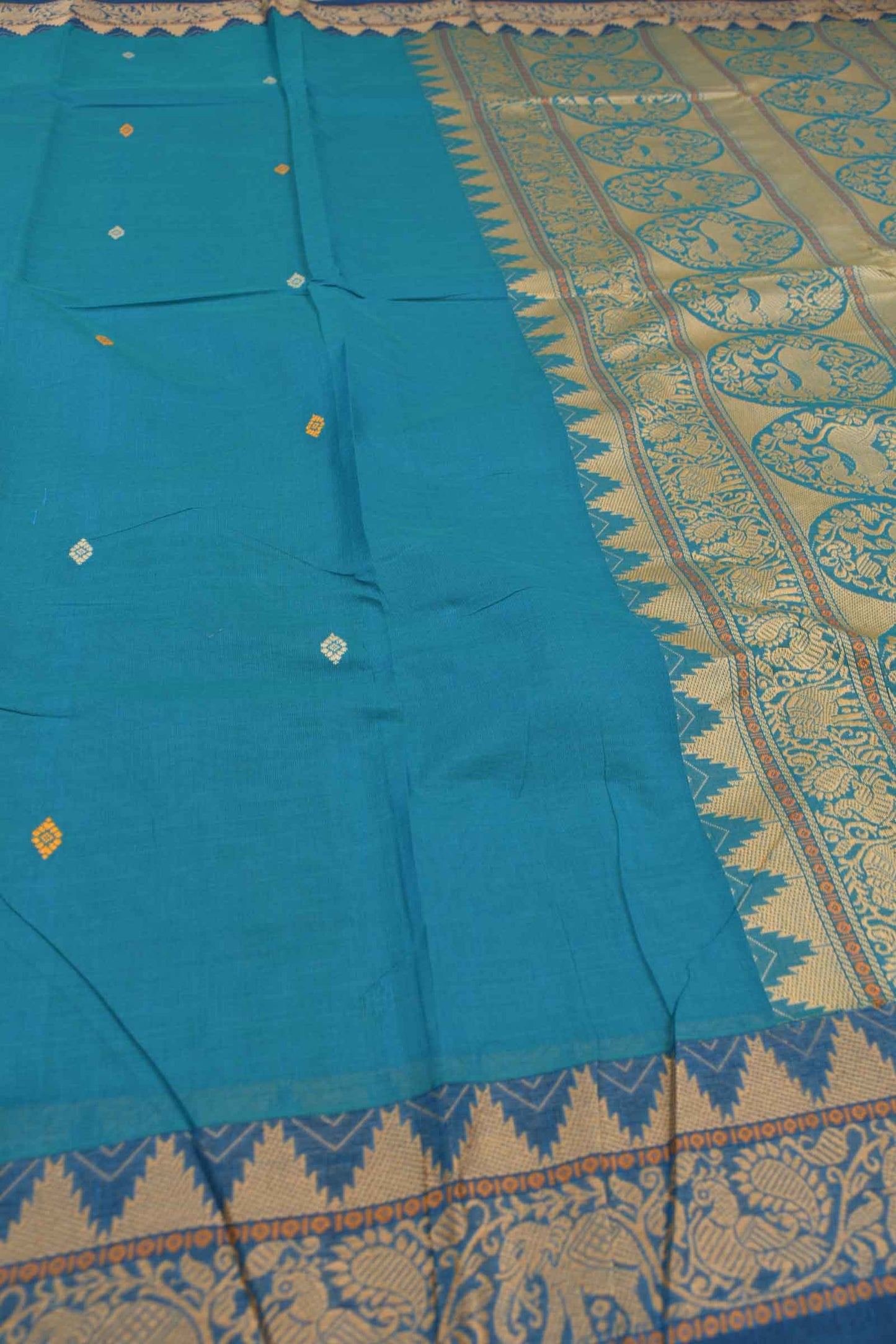 Blue Chettinad Pure Cotton Mini Butta Yazhi Pallu Saree