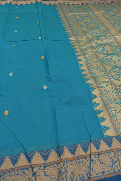 Blue Chettinad Pure Cotton Mini Butta Yazhi Pallu Saree