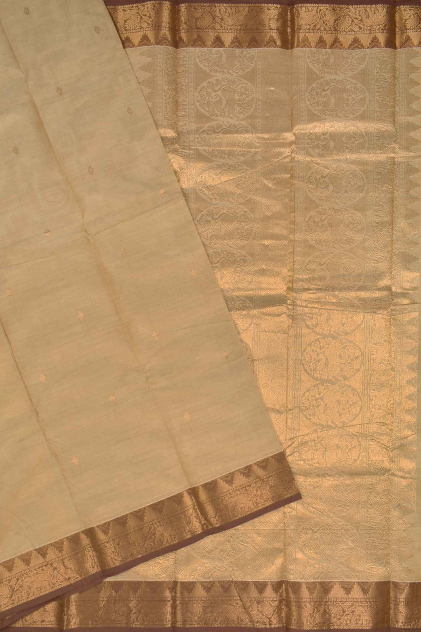 Light Sandal Chettinad Pure Cotton Golden Border Yazhi Pallu Saree