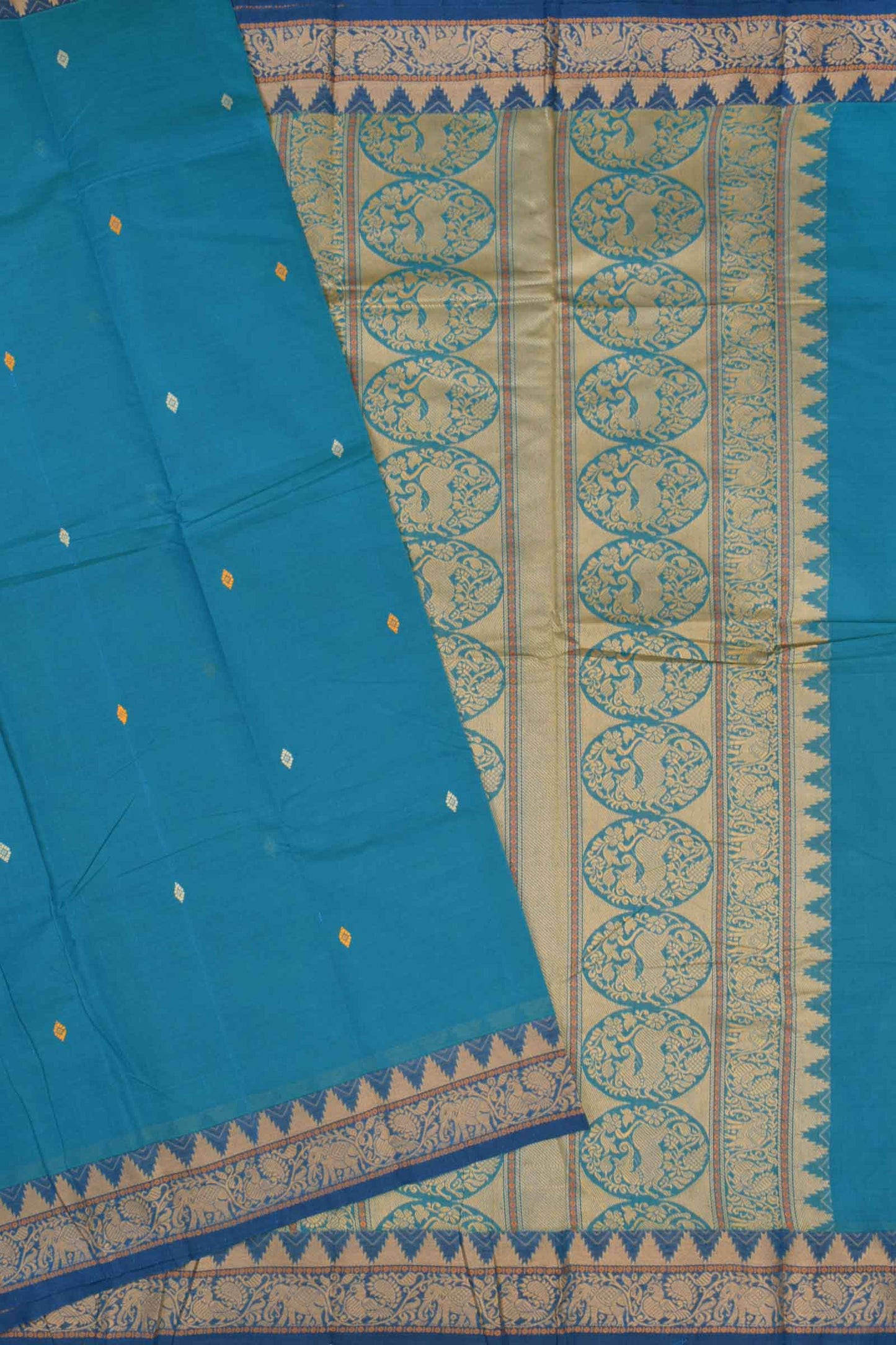 Blue Chettinad Pure Cotton Mini Butta Yazhi Pallu Saree