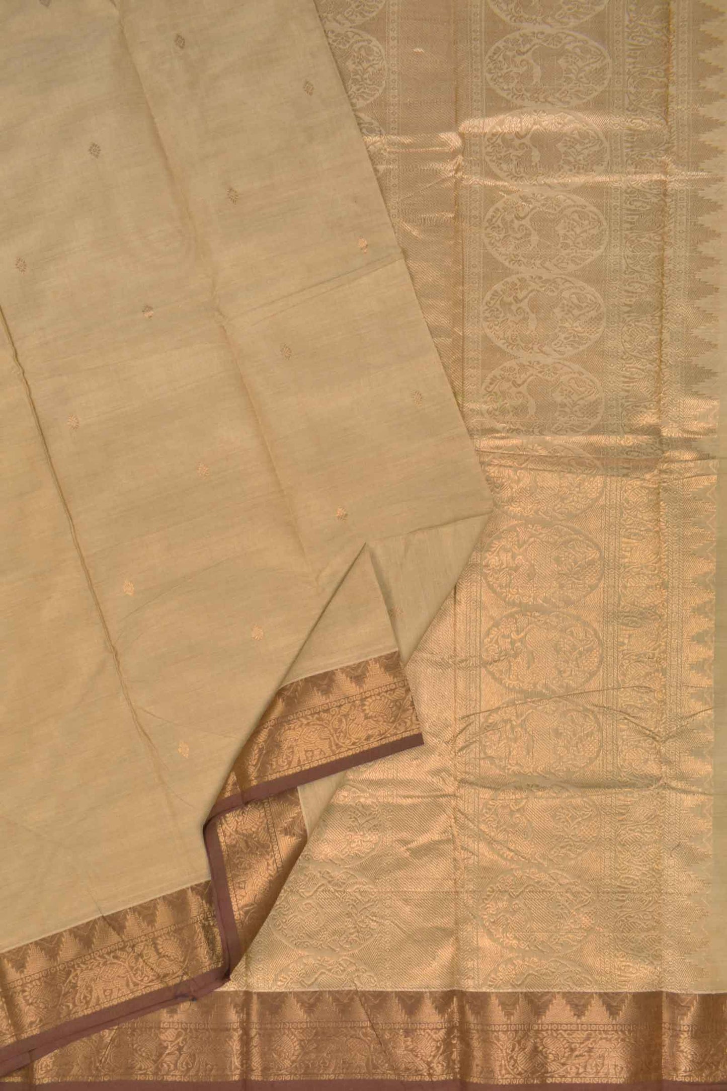 Light Sandal Chettinad Pure Cotton Golden Border Yazhi Pallu Saree