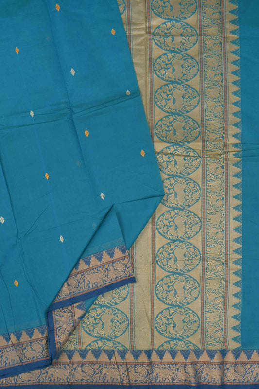 Blue Chettinad Pure Cotton Mini Butta Yazhi Pallu Saree