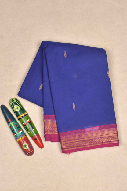 Navy Blue Chettinad Pure Cotton Temple Zari Border Golden Pallu Saree