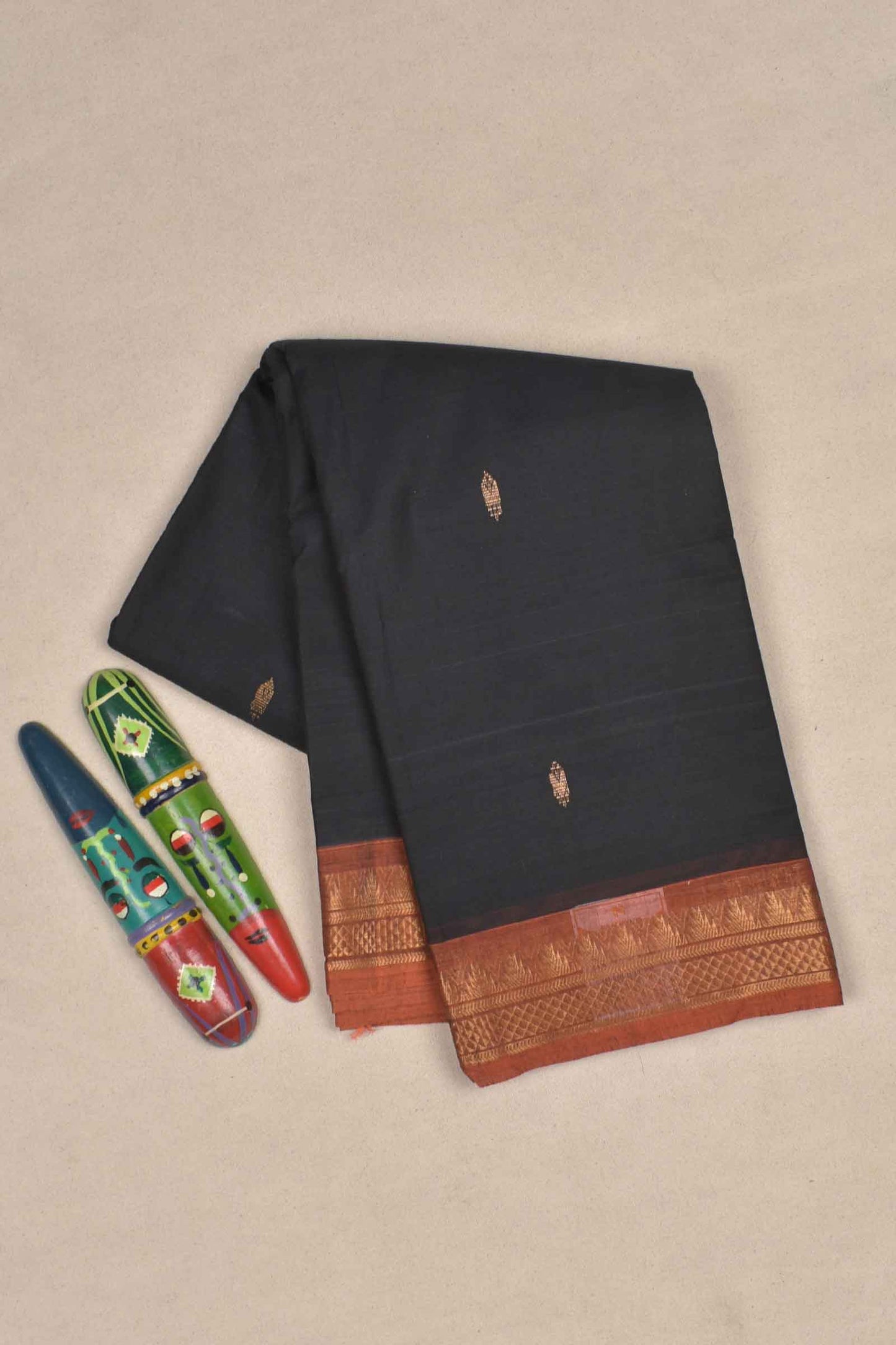 Black Chettinad Pure Cotton Mini Butta Contrast Zari Border Rich Pallu Saree