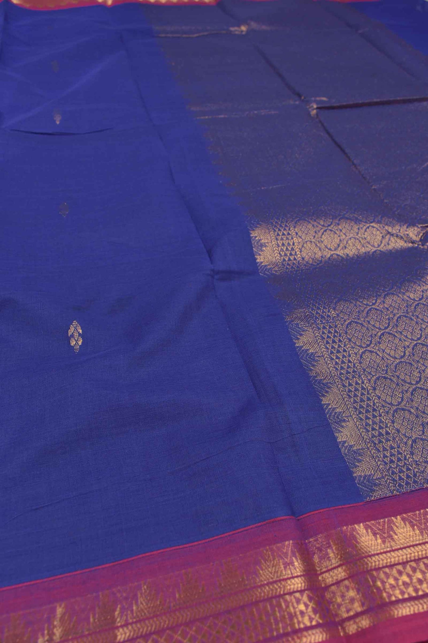 Navy Blue Chettinad Pure Cotton Temple Zari Border Golden Pallu Saree