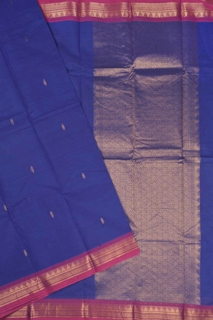 Navy Blue Chettinad Pure Cotton Temple Zari Border Golden Pallu Saree