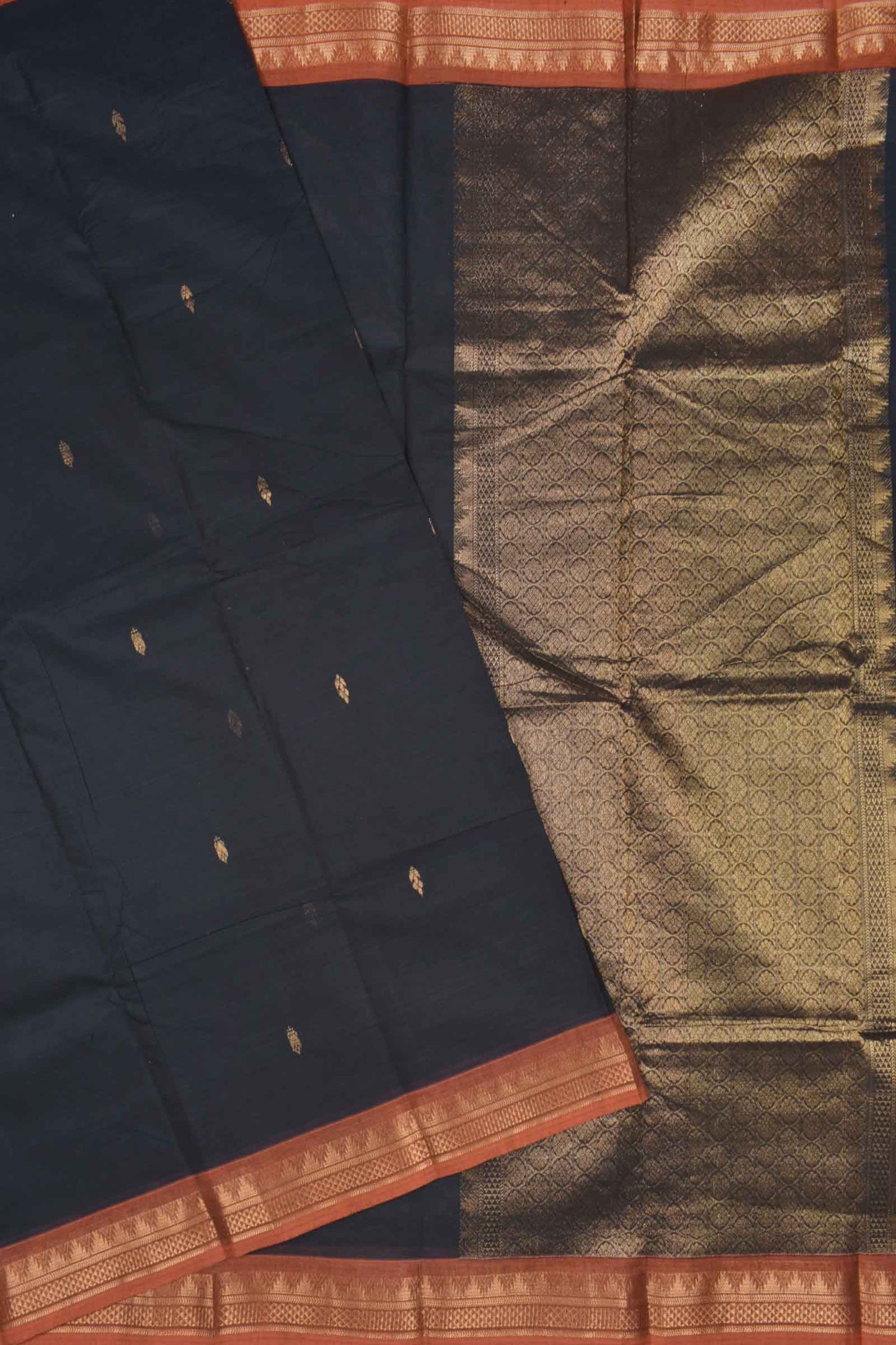 Black Chettinad Pure Cotton Mini Butta Contrast Zari Border Rich Pallu Saree