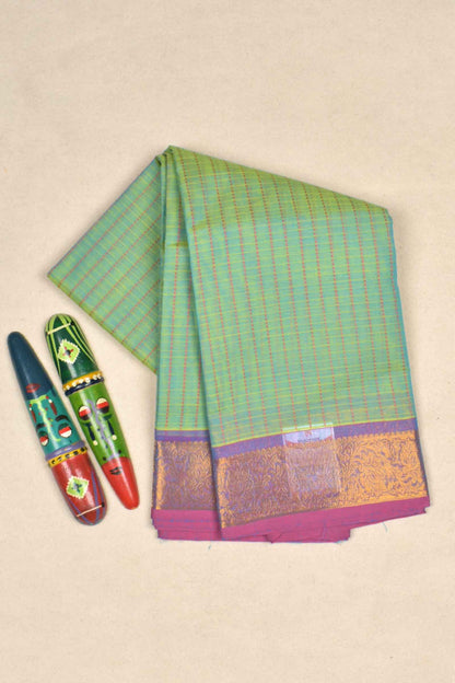 Green Chettinad Pure Cotton Muthu Kattam Checks Violet Border Self Pallu Saree