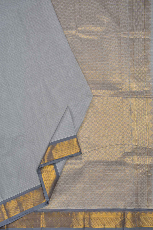 Grey Chettinad Pure Cotton Muthu Kattam Checks Golden Border Saree