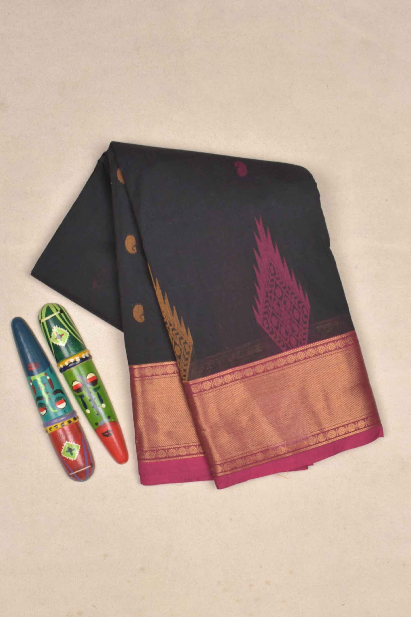 Black Chettinad Pure Cotton Mango Butta Long Tower Butta Border Saree