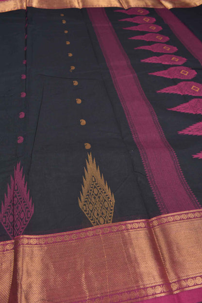 Black Chettinad Pure Cotton Mango Butta Long Tower Butta Border Saree