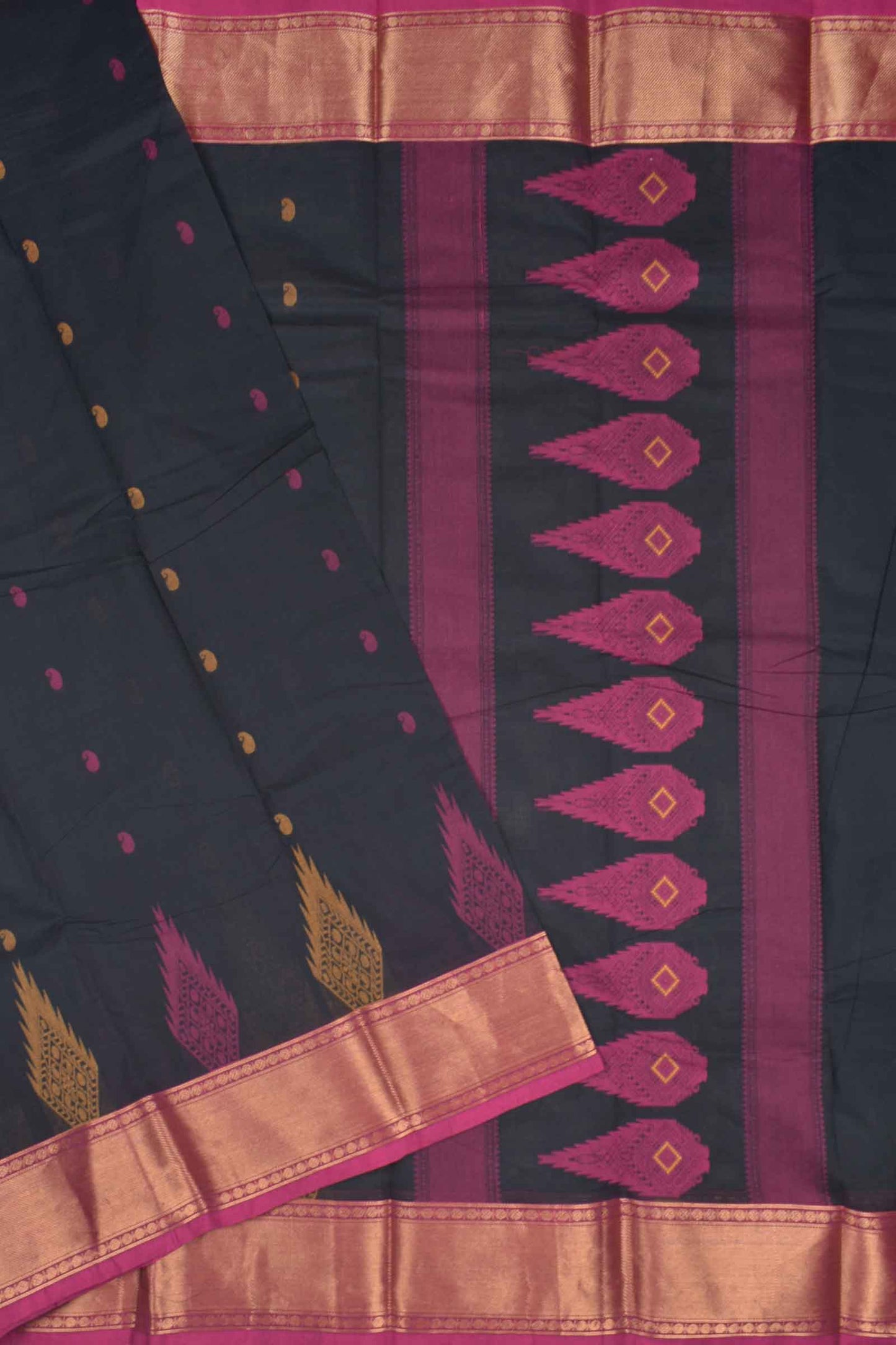 Black Chettinad Pure Cotton Mango Butta Long Tower Butta Border Saree