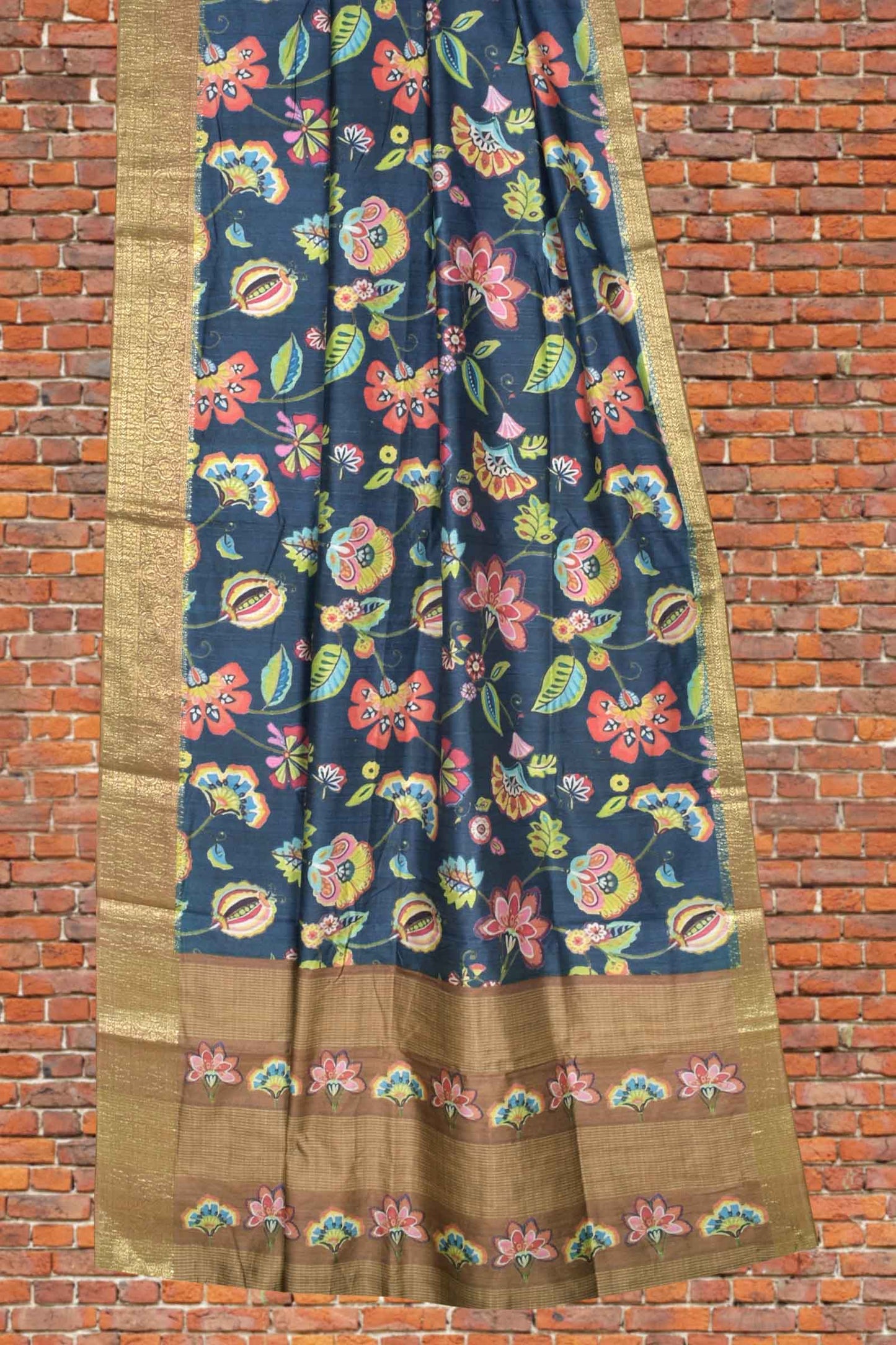 Dark Grey Semi Tussar Floral  Pop Golden Brocade Pallu Saree