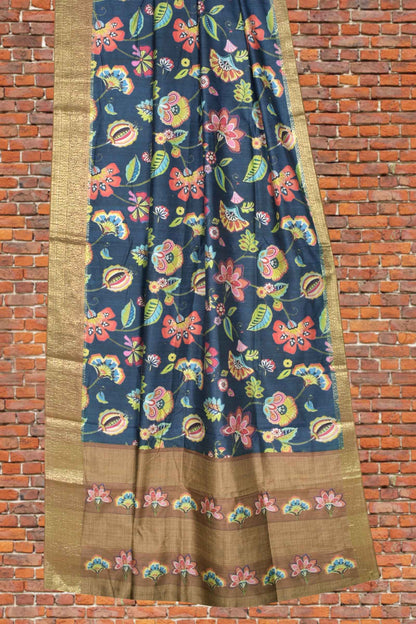 Dark Grey Semi Tussar Floral  Pop Golden Brocade Pallu Saree