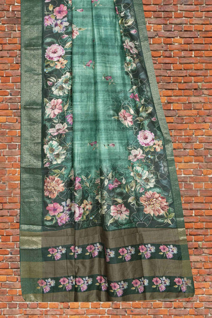 Green Semi Tussar Floral Line Brocade Border Saree