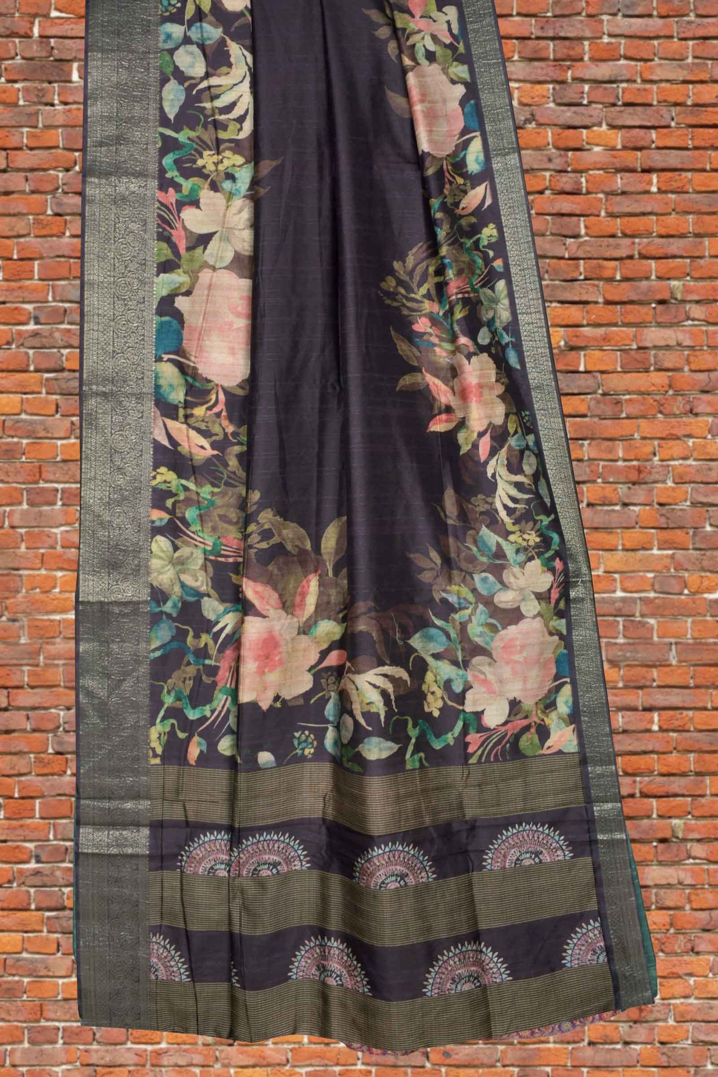 Dark Coca Semi Tussar Urban Petal Prints Chakra Pallu Saree