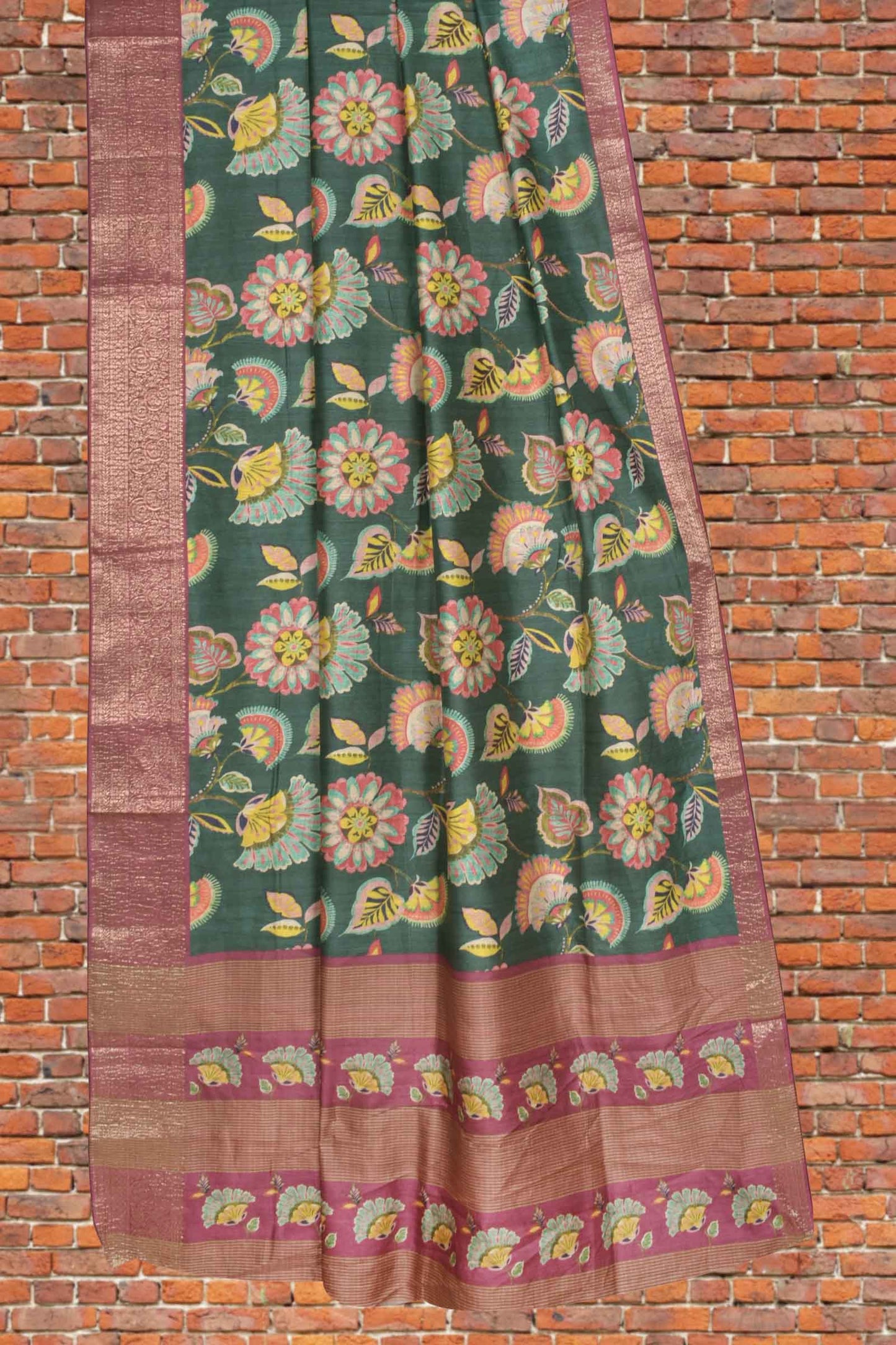 Dark Green Semi Tussar All Over Mustic Florals Brocade Border Saree