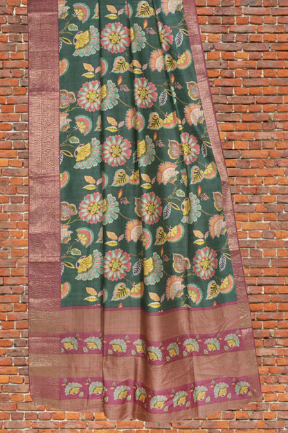 Dark Green Semi Tussar All Over Mustic Florals Brocade Border Saree