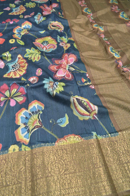 Dark Grey Semi Tussar Floral  Pop Golden Brocade Pallu Saree